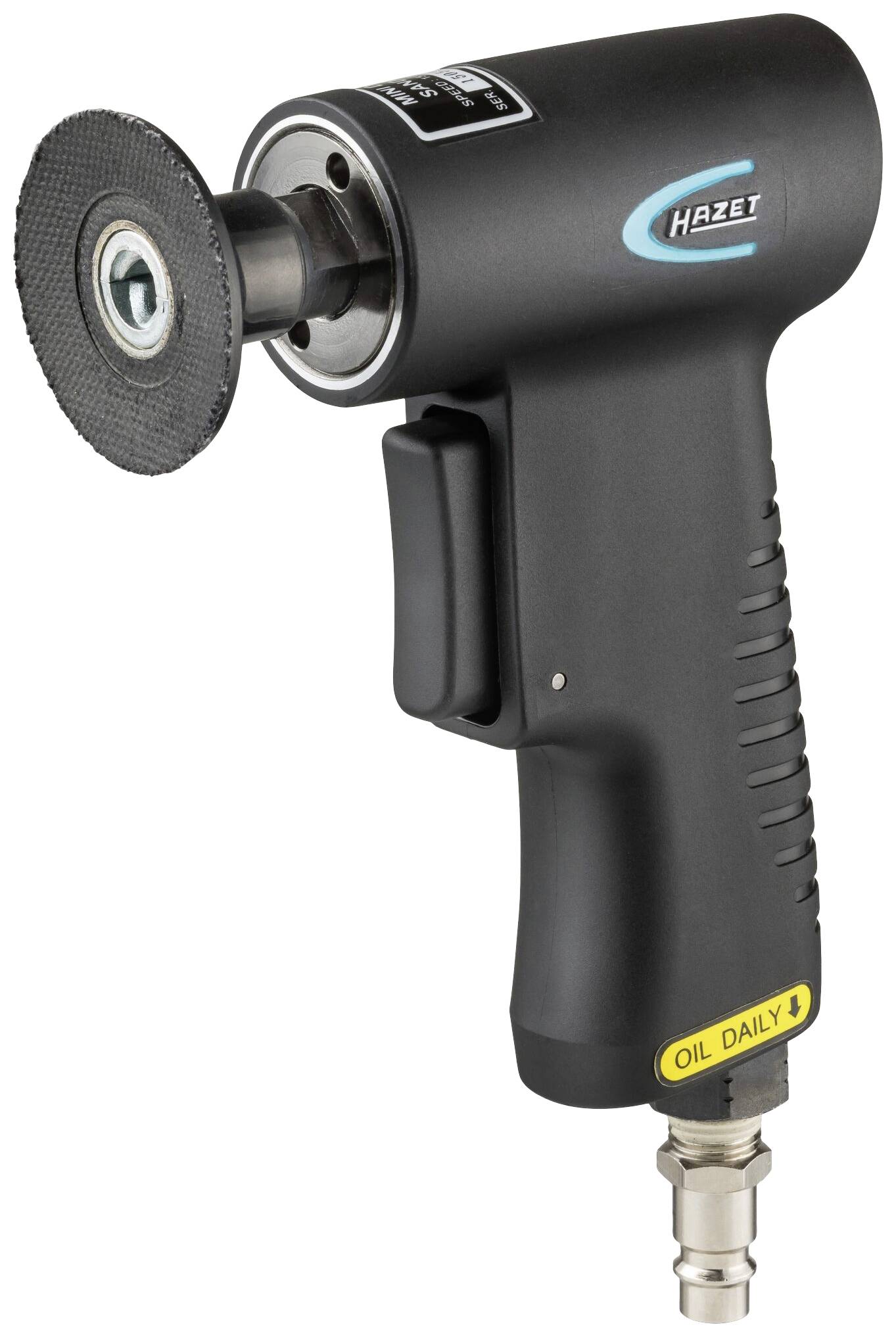 Pneumatyczna szlifierka kątowa z czarnym uchwytem i tarczą. Naklejka przypomina o codziennym smarowaniu.