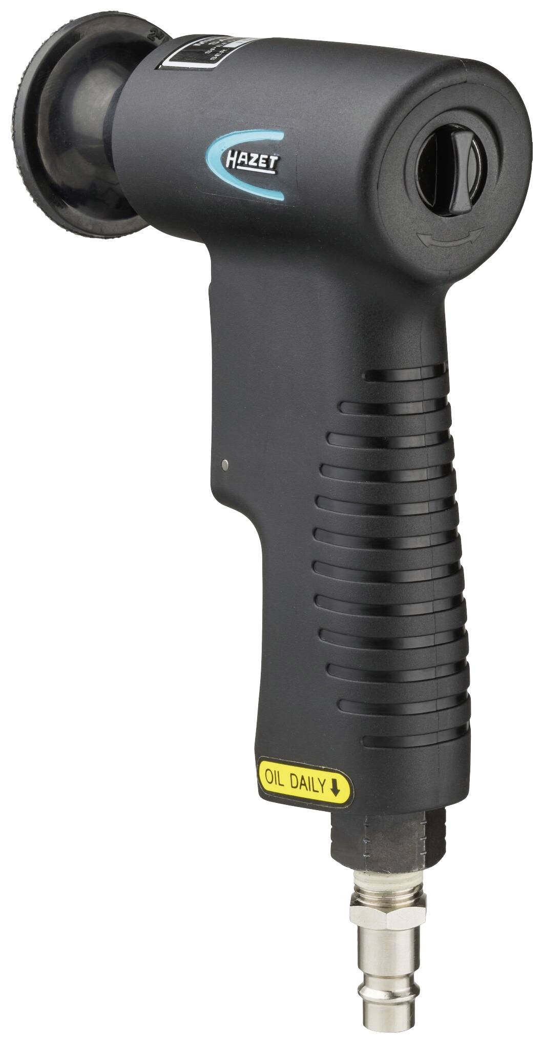 Pneumatyczna wiertarka kątowa z gumowanym uchwytem, czarną obudową i niebieskim logo. Odpowiednia do precyzyjnych prac w ciasnych przestrzeniach.