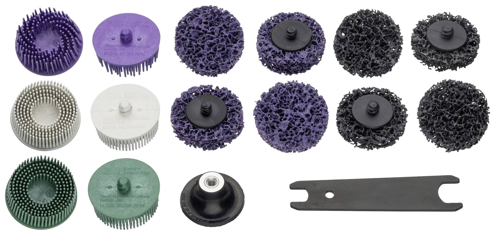 Końcówki szczoteczek w różnych kształtach i kolorach, w tym fioletowe, zielone i czarne dyski oraz czarna metalowa płytka.