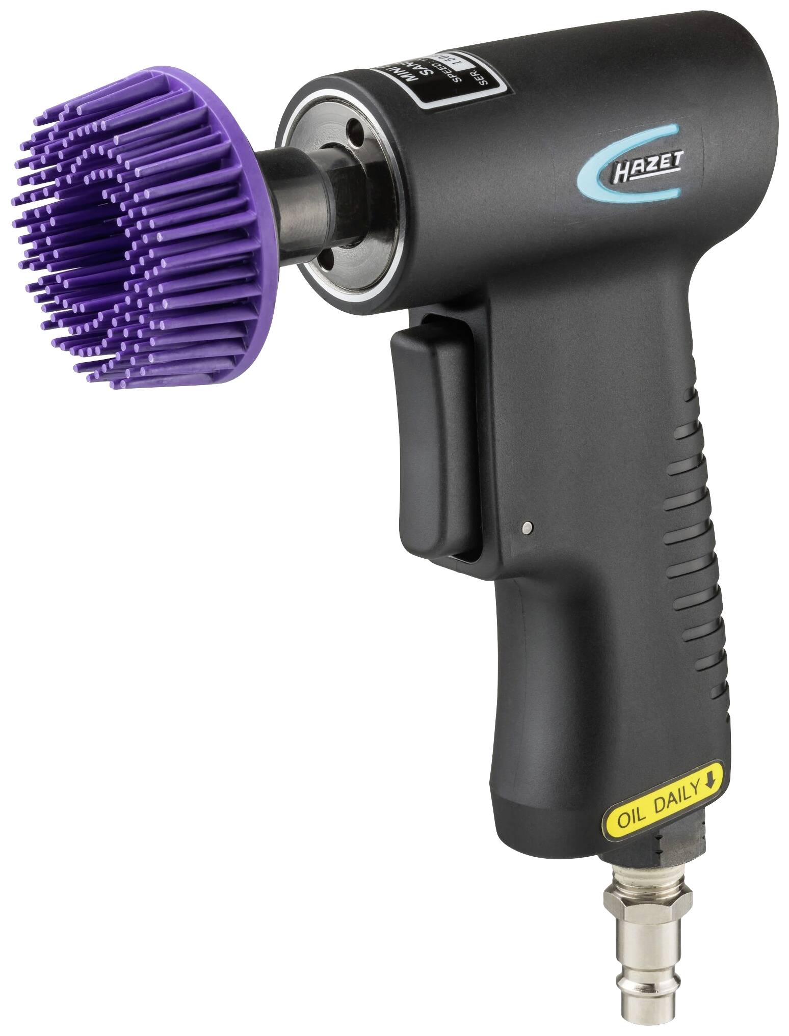 Narzędzie pneumatyczne z fioletową końcówką szczotkową, przydatne do polerowania lub czyszczenia. Widoczny napis 'Hazet'.