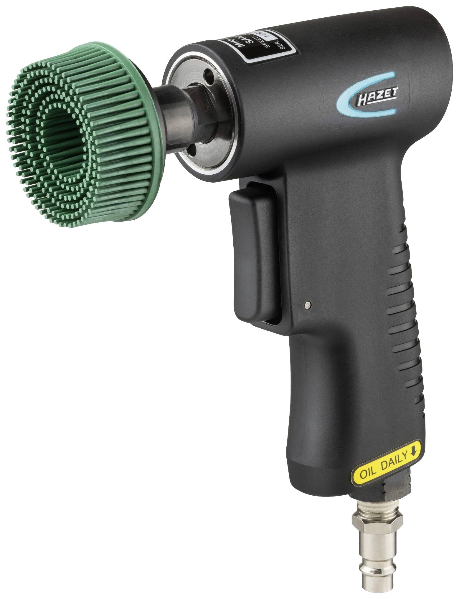 Pneumatyczna pilarka taśmowa z zielonym osprzętem ściernym, ergonomicznym uchwytem i okienkiem inspekcyjnym oleju; odpowiednia do obróbki metali.