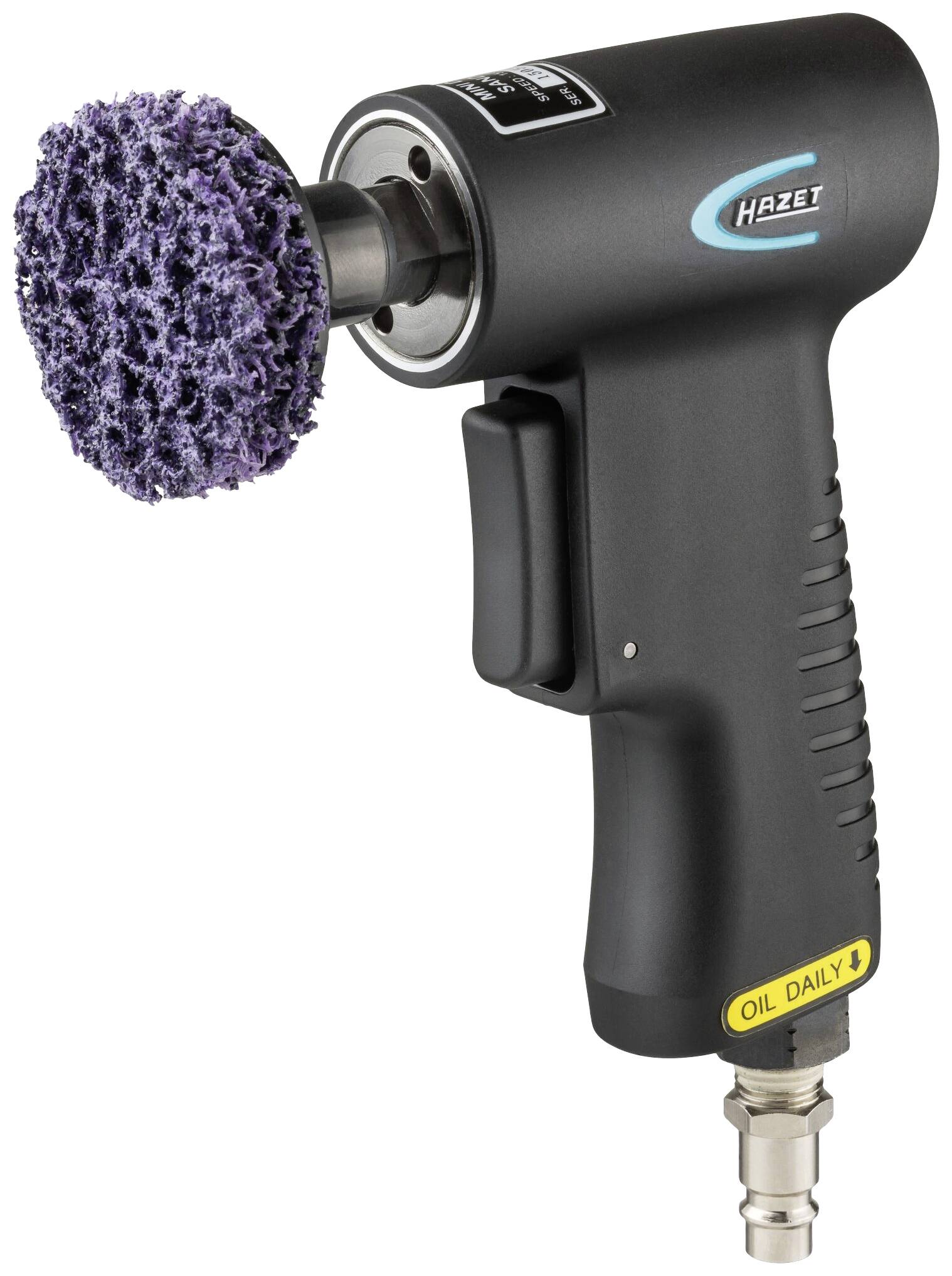 Pneumatyczna szlifierka z fioletową podkładką ścierną, przeznaczona do obróbki powierzchni. Wymaga codziennego smarowania dla zapewnienia optymalnej wydajności.