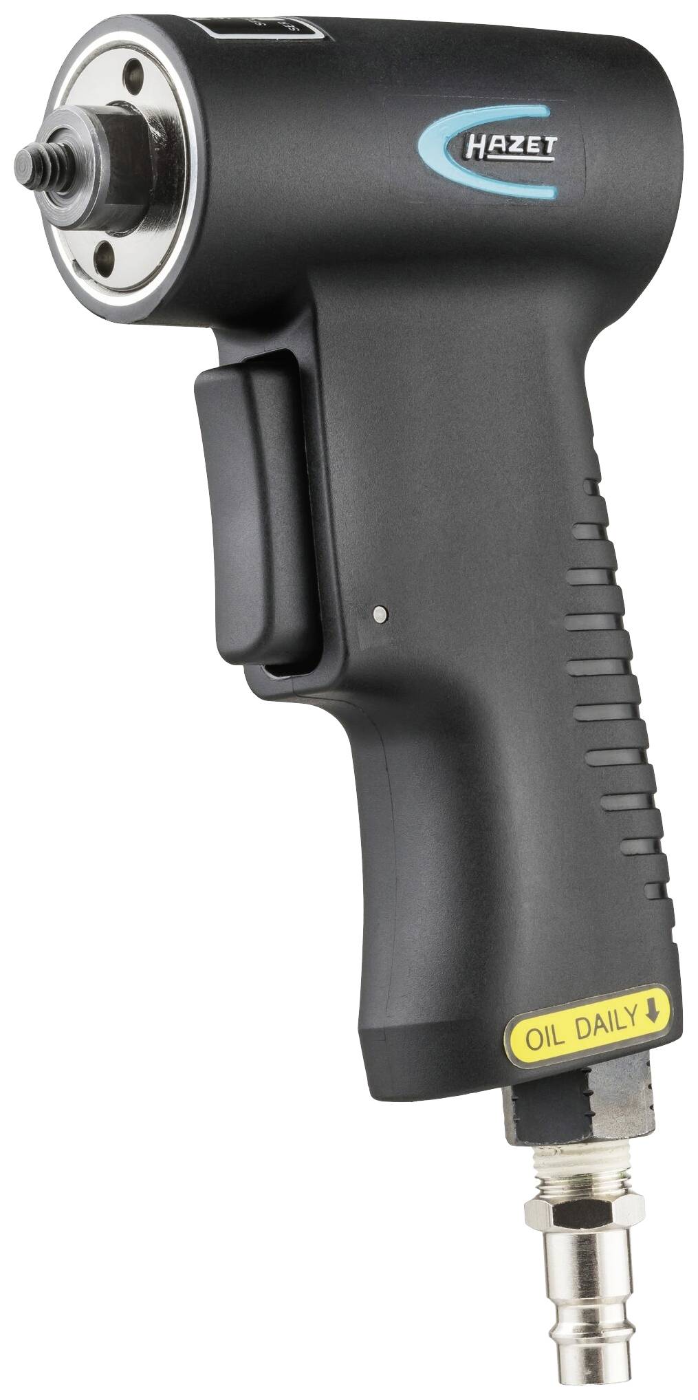 'Czarny pneumatyczny klucz udarowy Hazet z ergonomicznym uchwytem i przyłączem od dołu. Etykieta: "Oil Daily" na spodzie.'