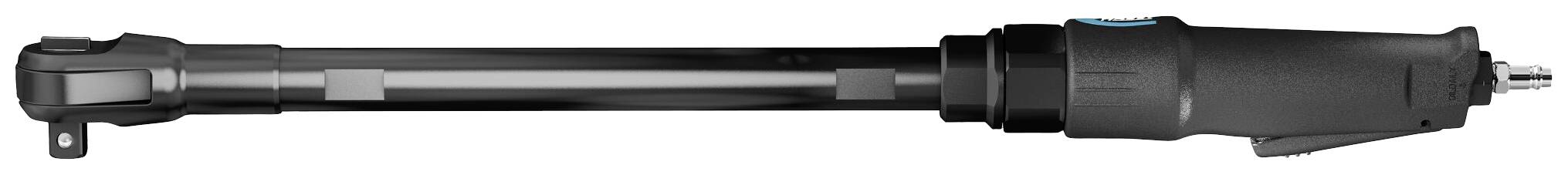 Czarne, elektryczne narzędzie w kształcie cylindra z zabezpieczeniem na jednym końcu i niebieskim przełącznikiem z boku.