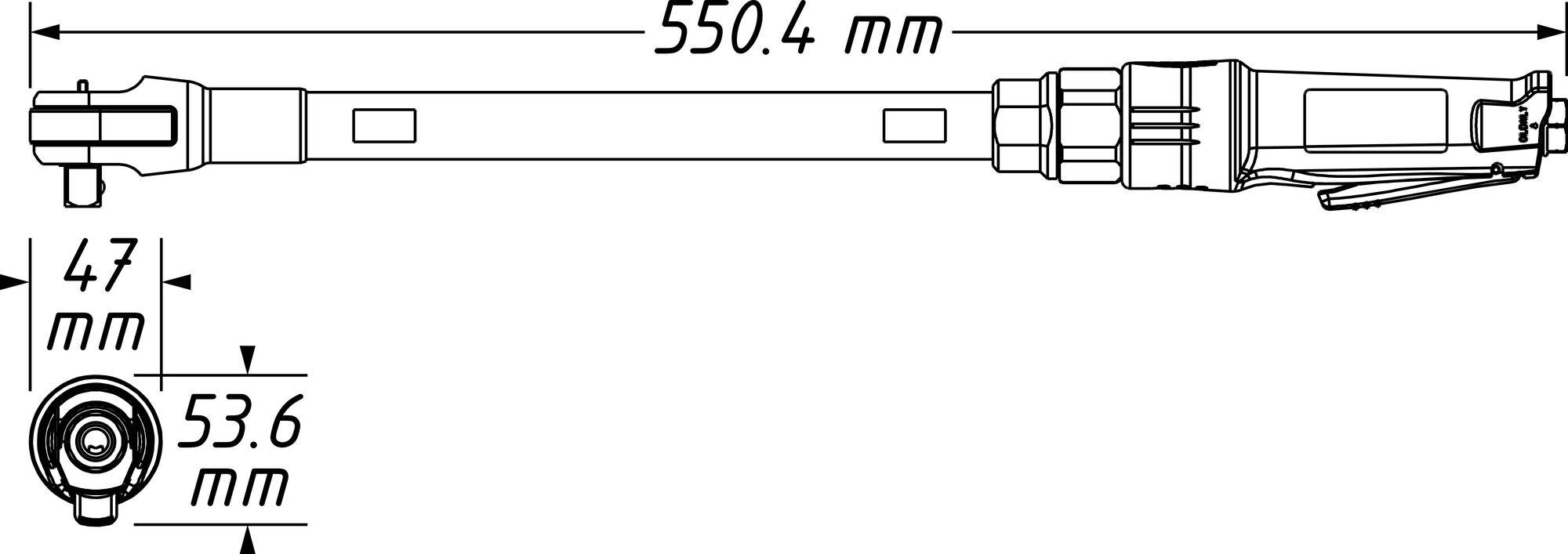 Rysunek techniczny elektronicznego klucza dynamometrycznego o długości 550,4 mm. Szerokość głowicy: 53,6 mm; szerokość trzpienia: 47 mm.