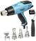 Elektryczny pistolet na gorące powietrze z wieloma końcówkami i wałkiem malarskim. Utrzymany głównie w kolorach niebieskim i czarnym, od marki Hazet.