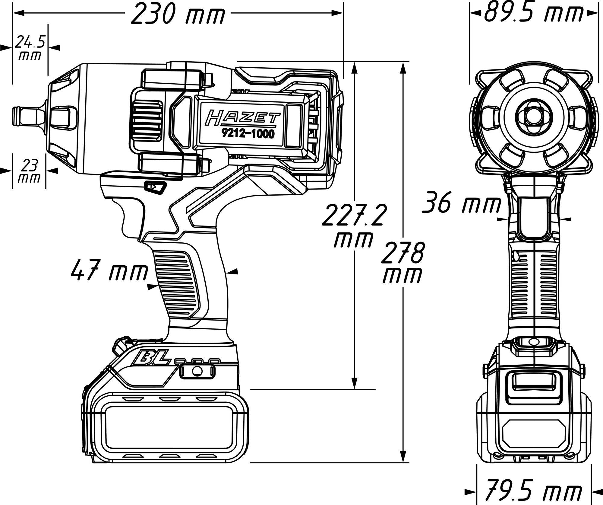 Rysunek techniczny akumulatorowego wkrętaka udarowego z wymiarami: długość 230 mm, szerokość 89,5 mm. Numer modelu: Hazet 9212-1000.