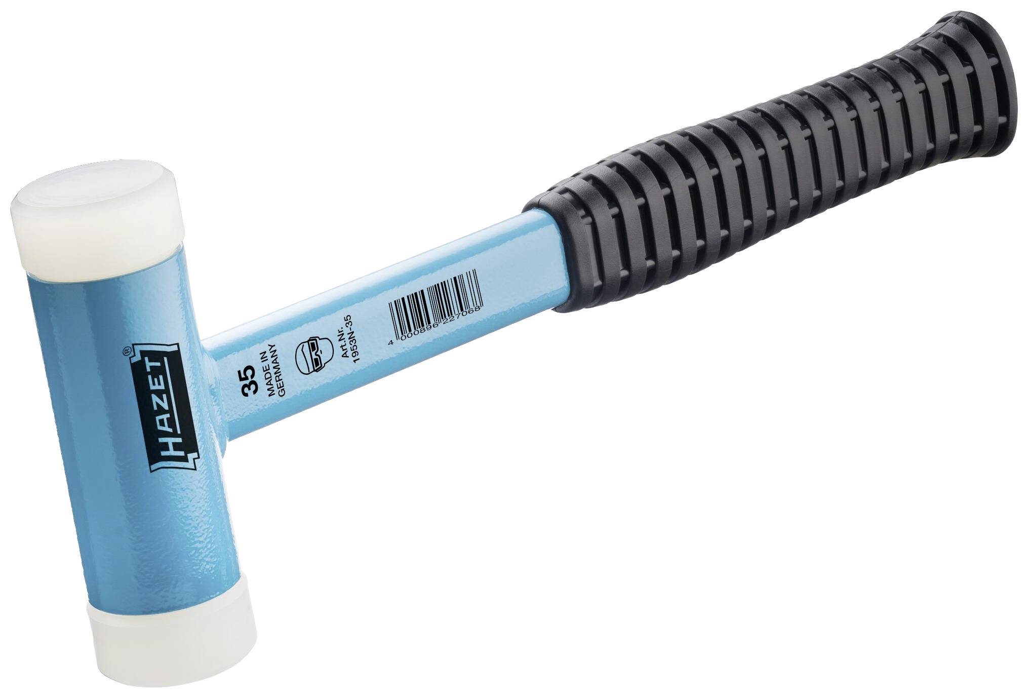 Młotek gumowy z niebieskim metalowym uchwytem i czarnym, żebrowanym chwytem. Głowica młotka posiada białe plastikowe końcówki.