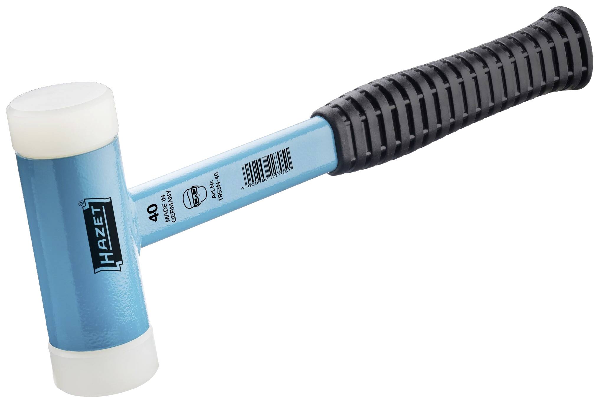 Młotek narzędziowy z niebieskim metalowym uchwytem i białymi plastikowymi końcówkami po obu stronach, odpowiedni do precyzyjnych prac.