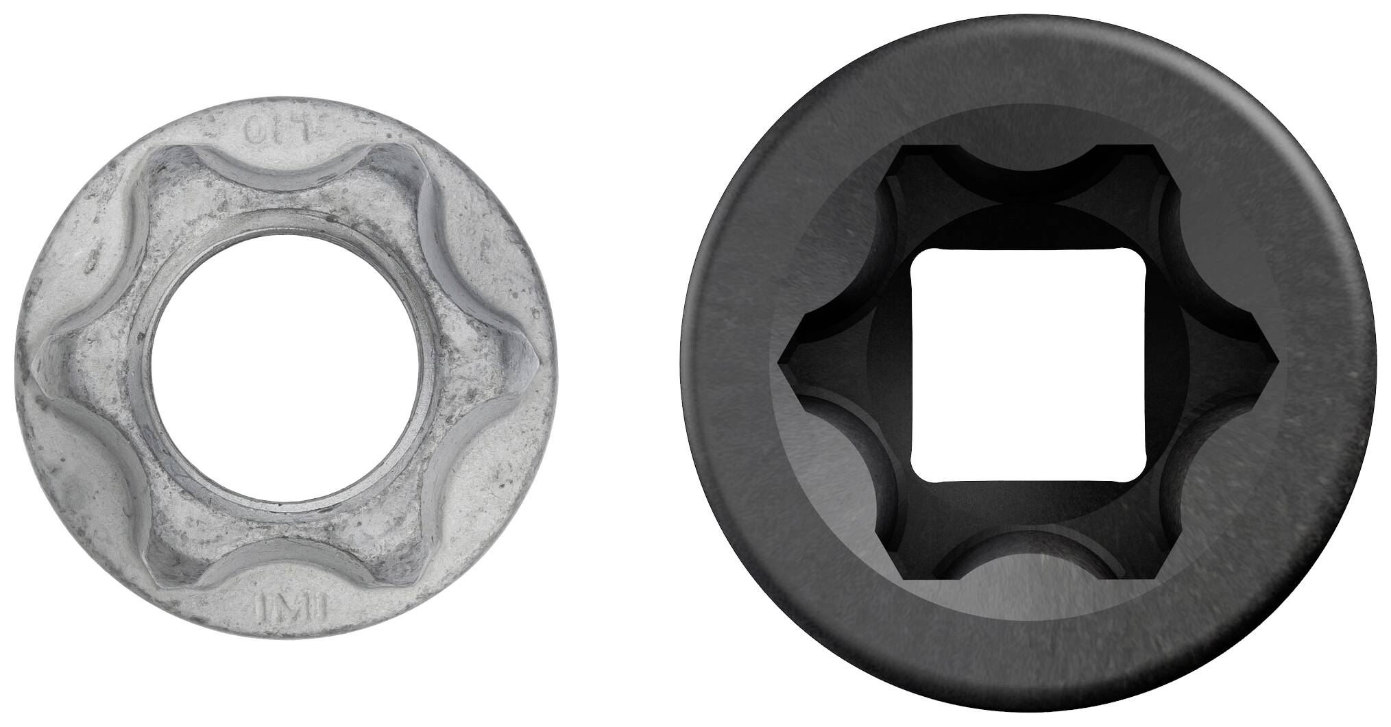 Dwa elementy metalowe: po lewej srebrny wieniec zębaty, po prawej czarny czworokątny osprzęt narzędziowy. Oba są przeznaczone do połączeń mechanicznych.