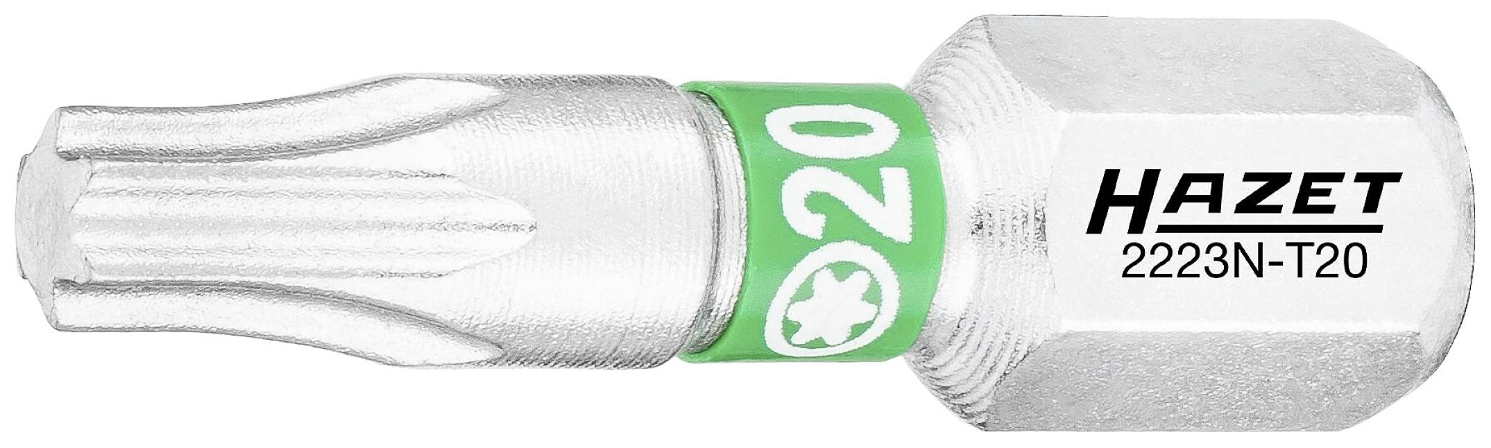 Bit Torx marki Hazet, model 2223N-T20, o rozmiarze T20 z zielonym paskiem.
