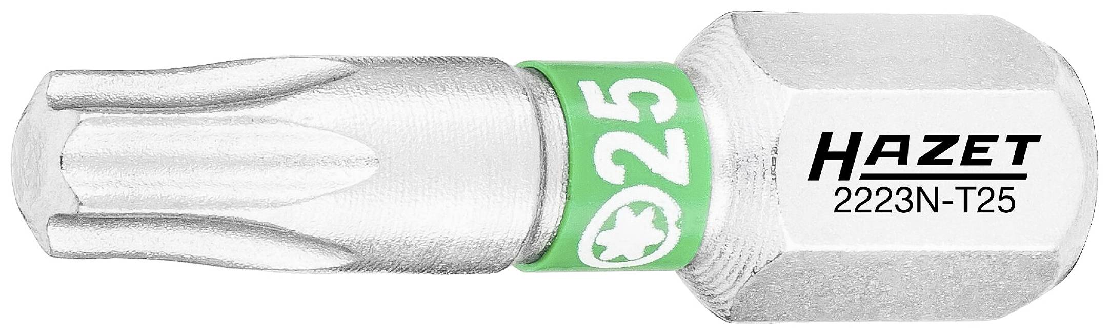 Bit Torx T25 firmy Hazet, srebrny z zielonym pierścieniem, numer modelu 2223N-T25, używany do wkrętów z gniazdem Torx.