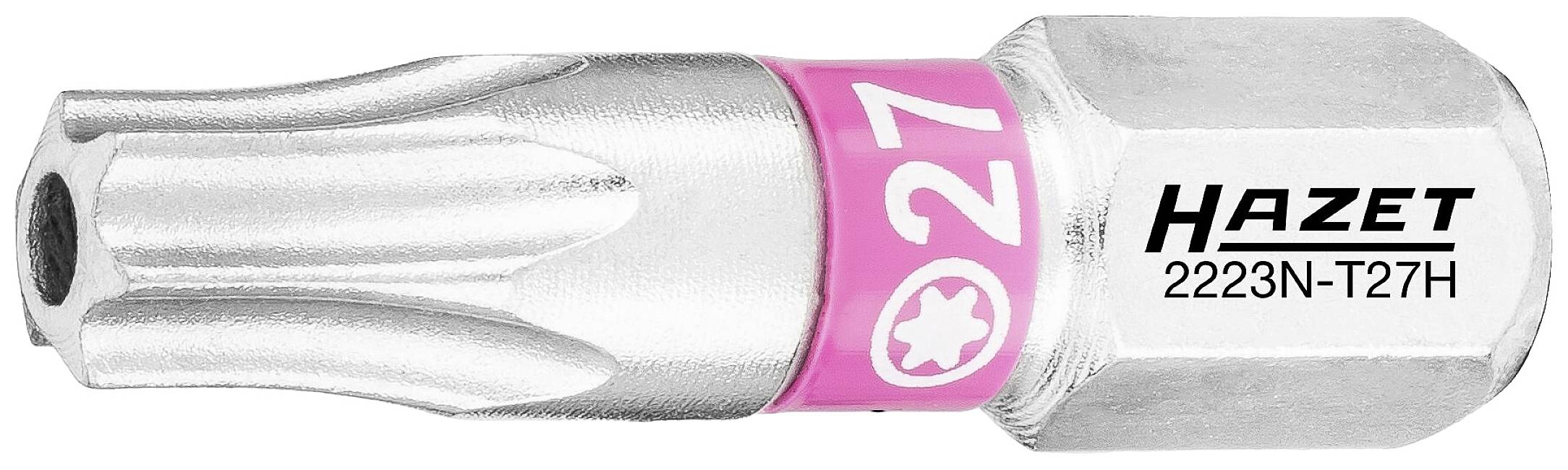 Klucz Bitowy Hazet, model '2223N-T27H', z profilem Torx, rozmiar T27, srebrny z różowym pierścieniem. Odpowiedni do prac śrubowych.