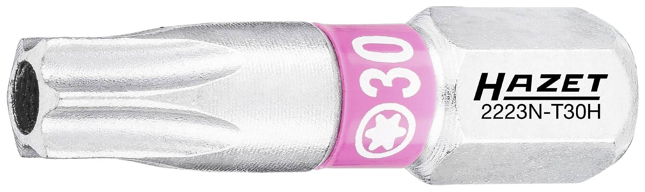 Nasadka klucza Hazet z oznaczeniem '2223N-T30H', oznaczona na różowo dla rozmiaru 30. Odpowiednia do wkrętów Torx.
