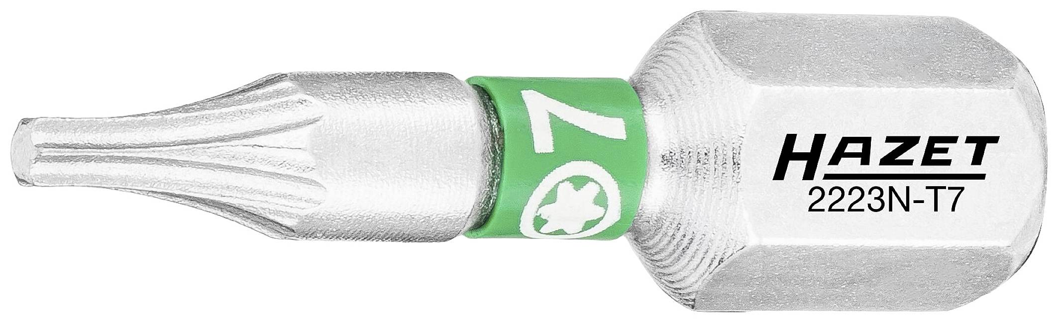 Srebrny bit do wkrętaka Torx z zielonym pierścieniem, z napisem 'HAZET 2223N-T7' z boku.
