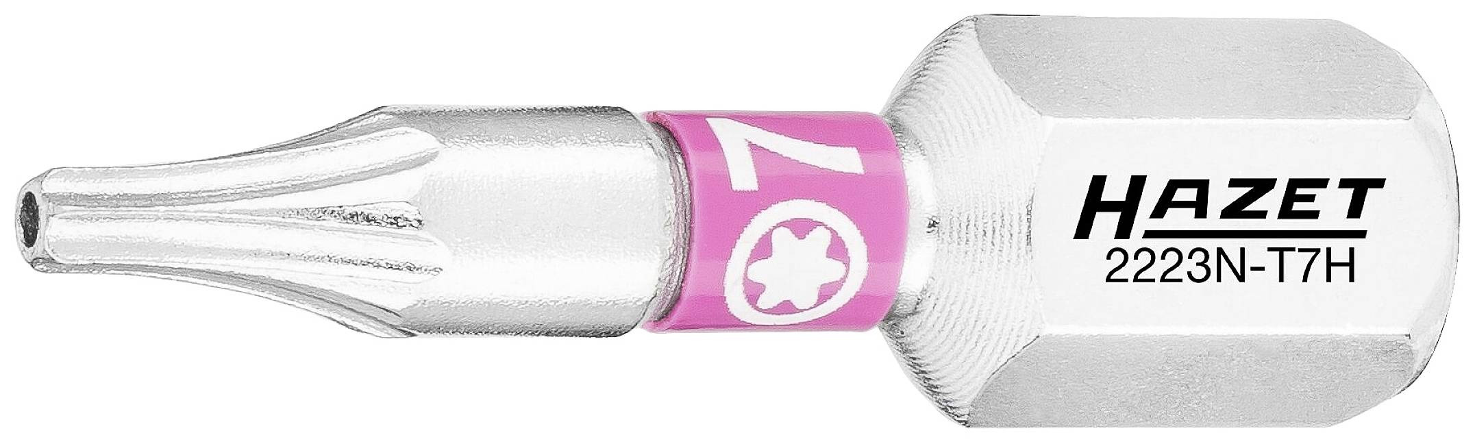 Na ilustracji widać srebrny bit Torx firmy Hazet z napisem '2223N-T7H' i różowym oznaczeniem rozmiaru T07.