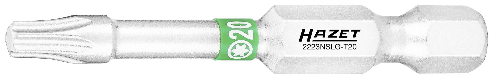 Srebrny bit Torx firmy Hazet oznaczony jako 'T20'. Uchwyt jest sześciokątny z zieloną nasadką.