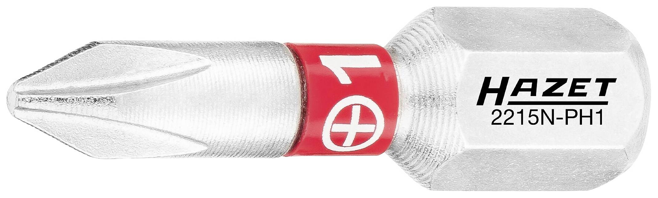Zbliżenie srebrnego bitu wkrętakowego marki Hazet, model 2215N-PH1, z czerwonym pierścieniem i końcówką krzyżakową.