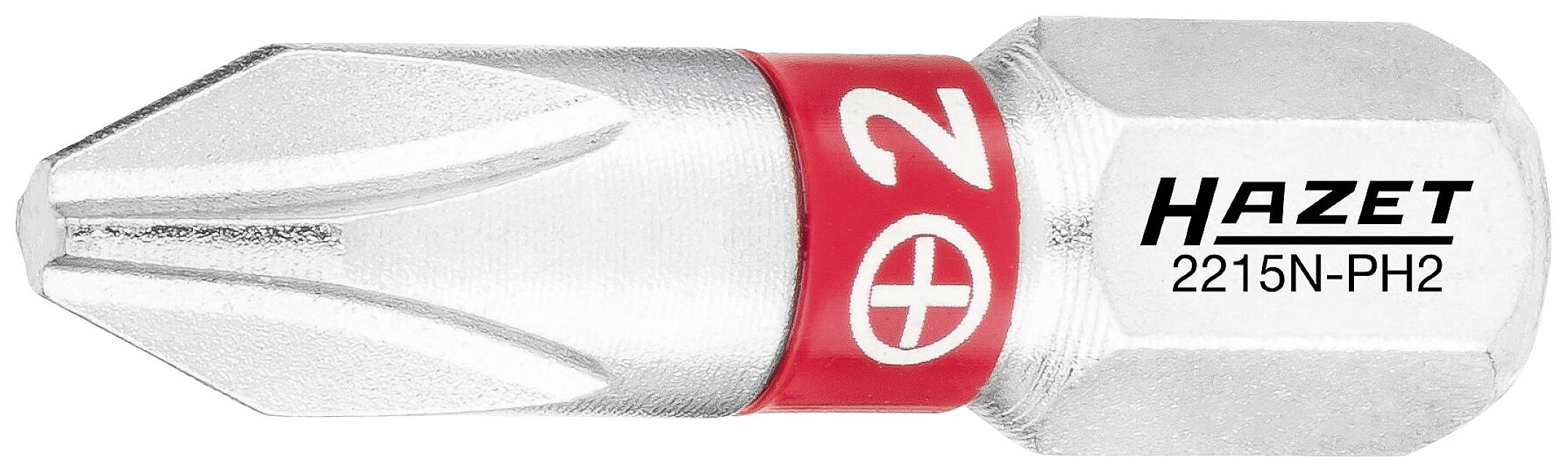 Końcówka wkrętakowa z profilem krzyżowym, rozmiar PH2, firmy Hazet, numer modelu 2215N-PH2, oznaczona srebrnym i czerwonym kolorem.