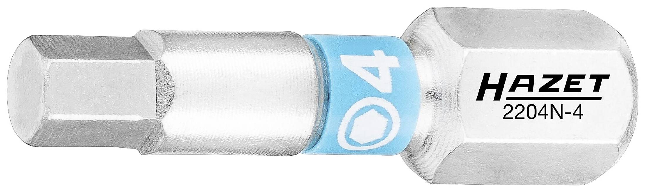 Sześciokątny bit firmy Hazet, model 2204N-4, o rozmiarze 4 mm, w kolorze srebrnym z niebieskim pierścieniem. Odpowiedni do wkrętaków lub wiertarek.