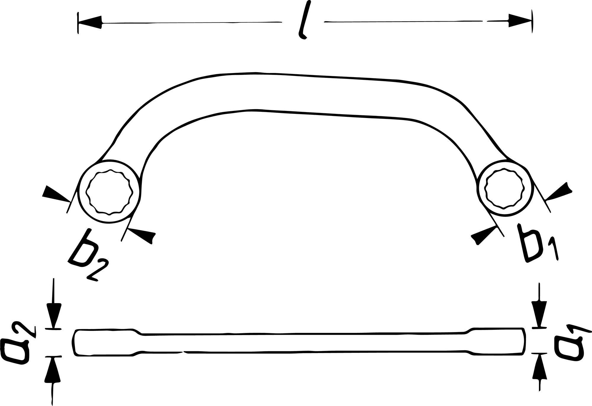 Rysunek techniczny kotwy murarskiej z wymiarami. Przedstawia widok z boku i z góry. Oznaczone wymiary długości, szerokości i średnicy.