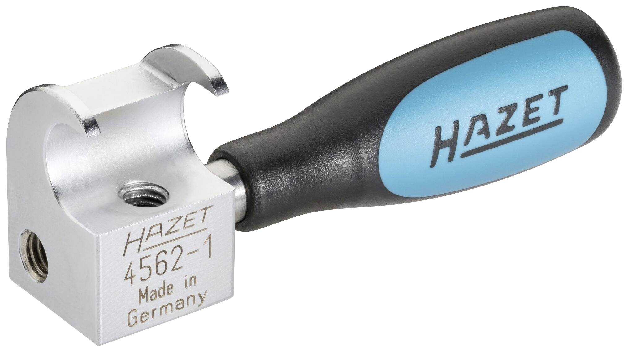 Srebrne narzędzie z czarną i niebieską rękojeścią, marka 'HAZET', numer modelu '4562-1', wyprodukowane w Niemczech.