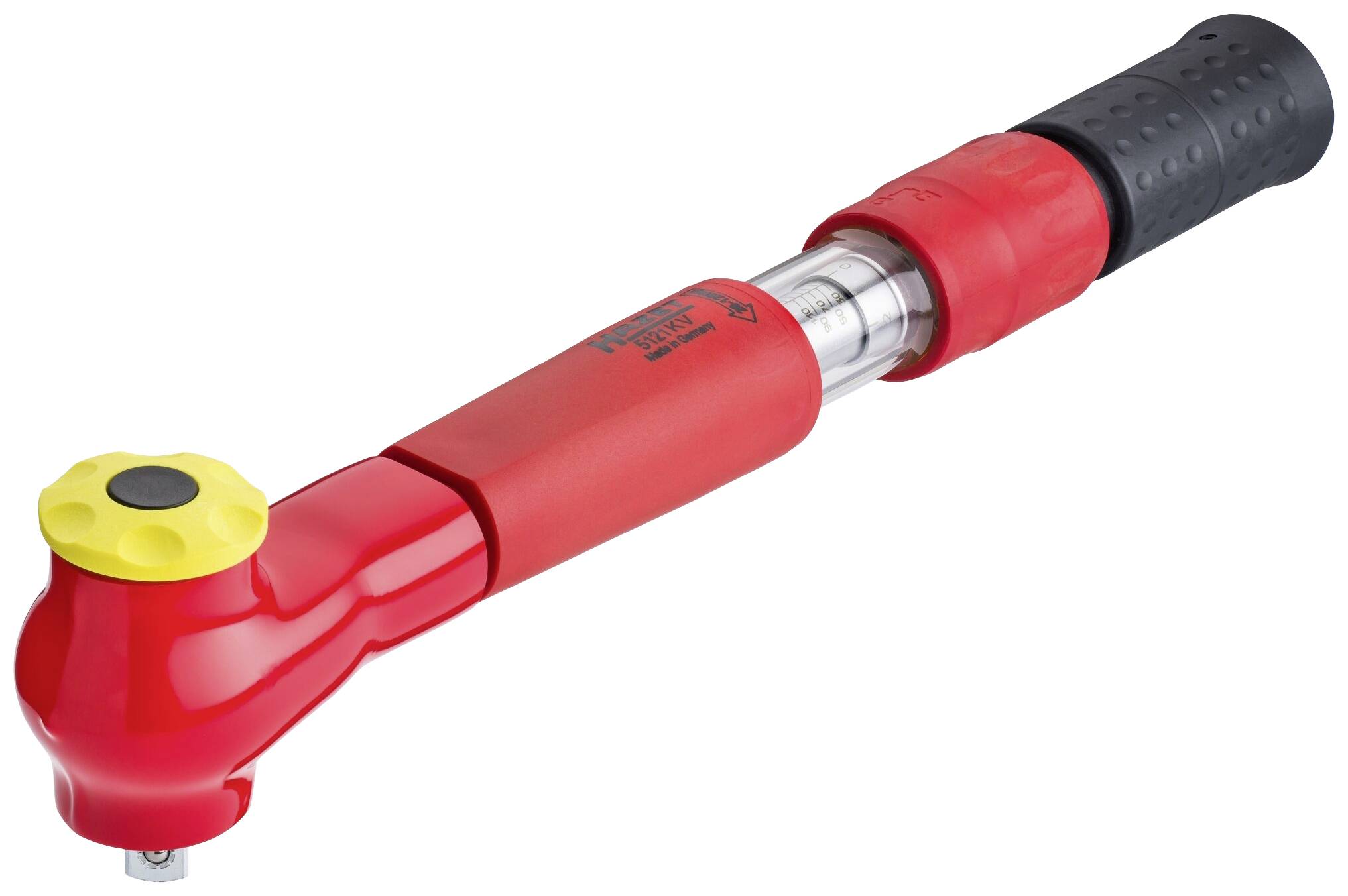 Czerwony klucz dynamometryczny z czarną rękojeścią i żółtym pokrętłem, używany do precyzyjnego dokręcania momentem obrotowym.