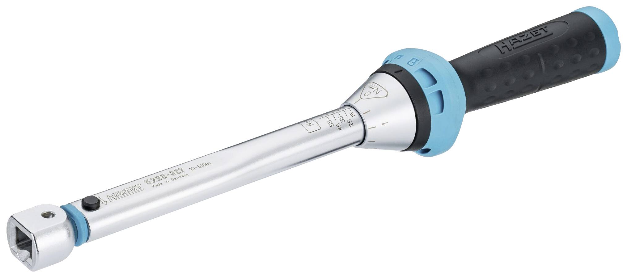 Klucz dynamometryczny z czarnym uchwytem i niebieskim oznaczeniem. Odpowiedni do precyzyjnego dokręcania śrub.