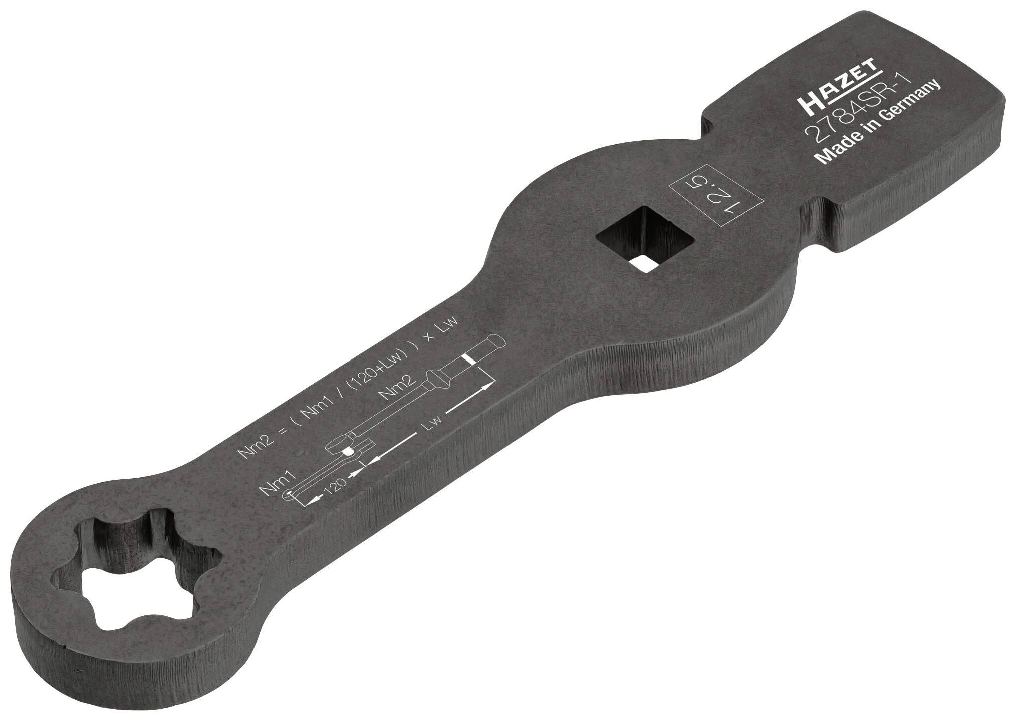Płaski, czarny klucz płaski z otworem kwadratowym, z napisem 'HAZET 2784-SP' oraz białym oznaczeniem do celów montażowych.