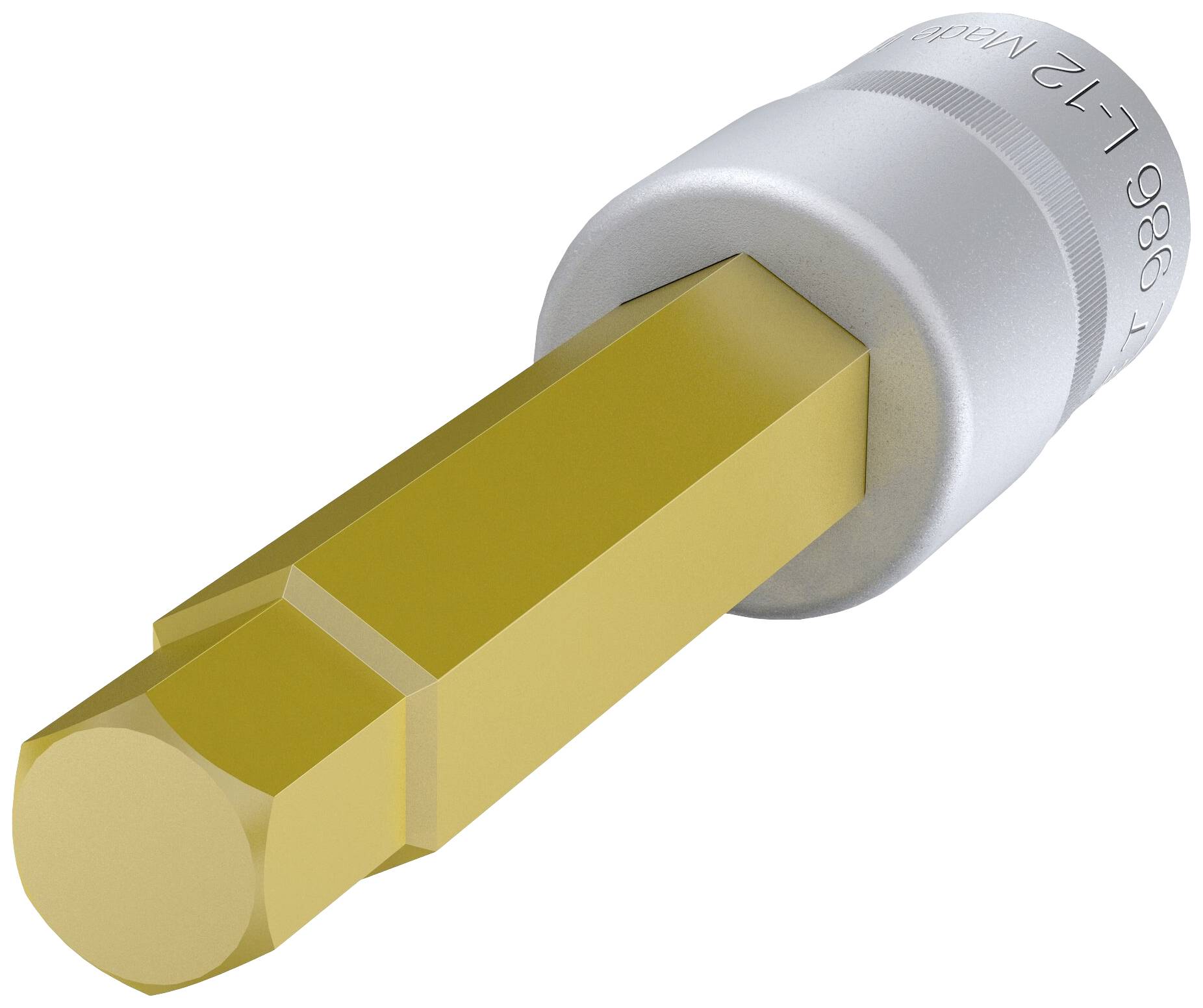Cylindryczne narzędzie z sześciokątną złotą głowicą. Metalowa obudowa nosi grawerunkę 'L-12 Made in...'.