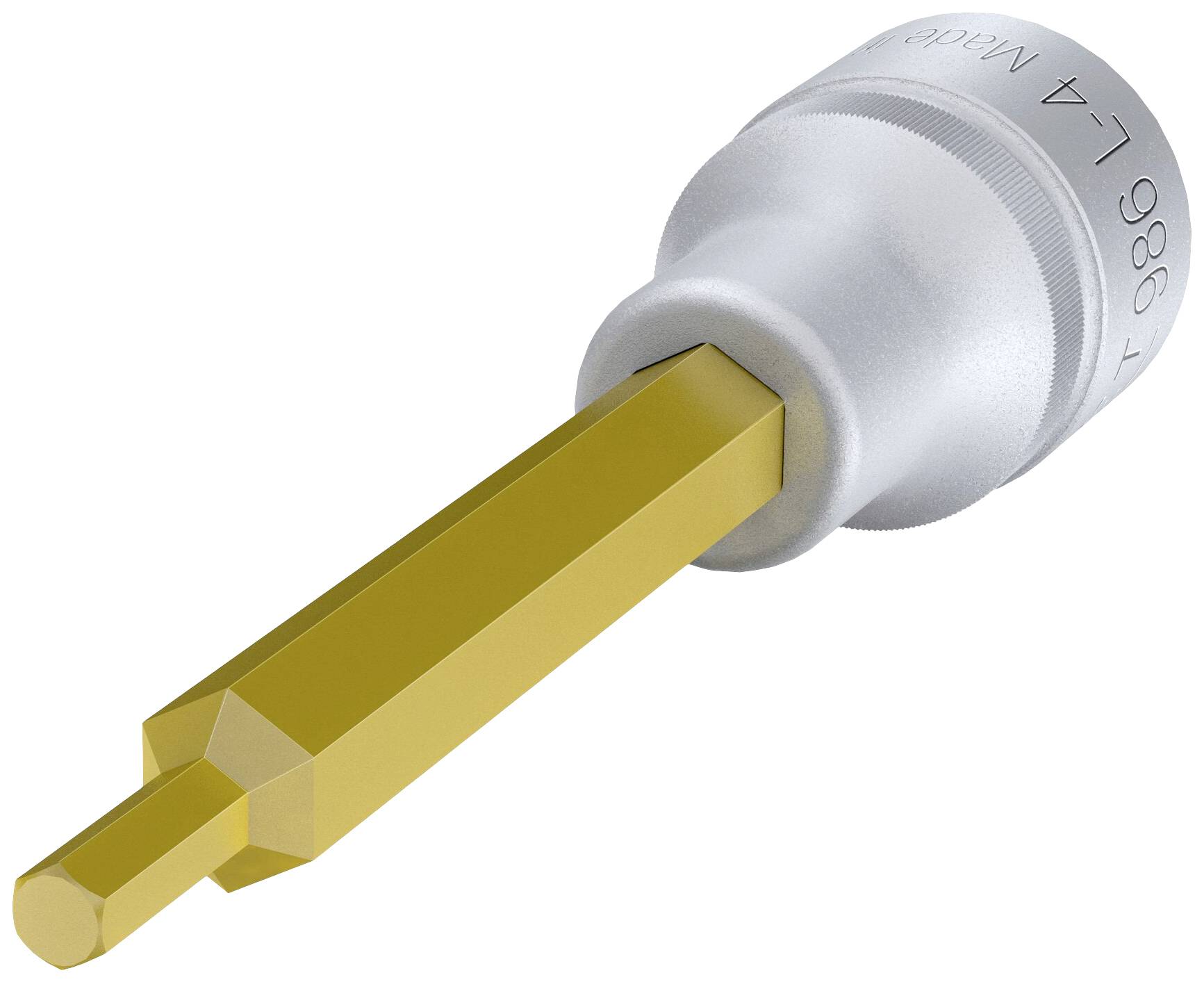 Srebrny adapter klucza z żółtą końcówką sześciokątną, przeznaczony do użycia z wkrętakami lub narzędziami z grzechotką.