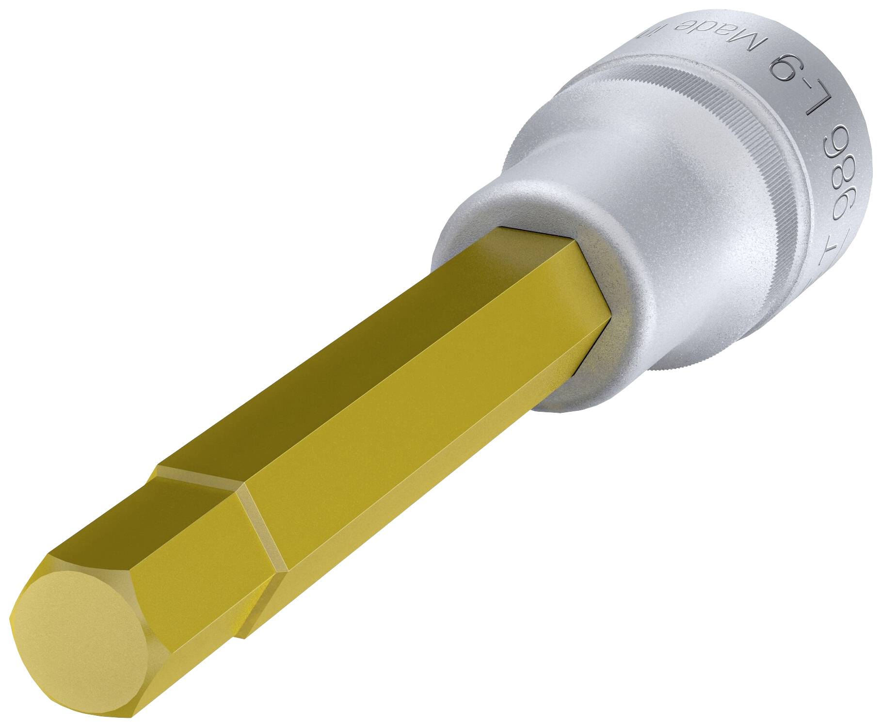 Sześciokątny uchwyt bitów z srebrno-szarą tulejką i złoconym czubkiem, stosowany do prac śrubowych przy użyciu wkrętaka lub grzechotki.