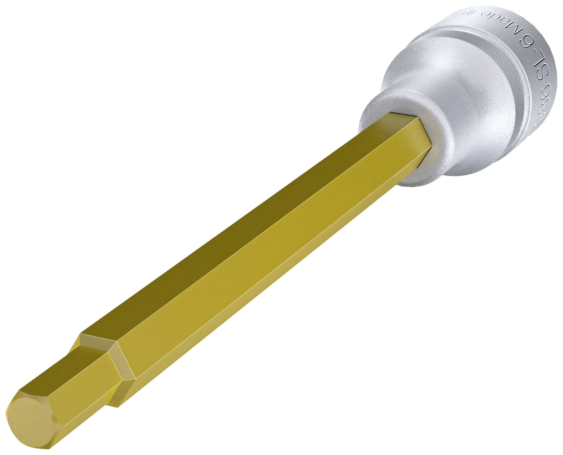 Sześciokątna końcówka bitowa w kolorze złotym z srebrnym uchwytem, przeznaczona do użytku w wkrętarkach akumulatorowych.