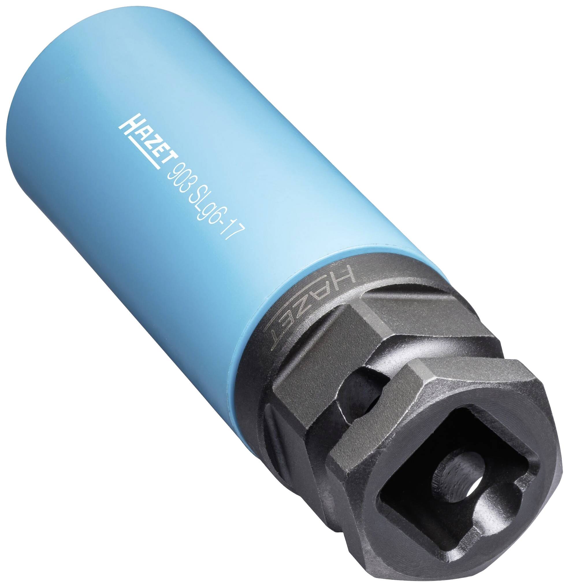 Niebieski, chromowany klucz udarowy Hazet z sześciokątnym gniazdem i osłoną, przeznaczony do montażu kół.