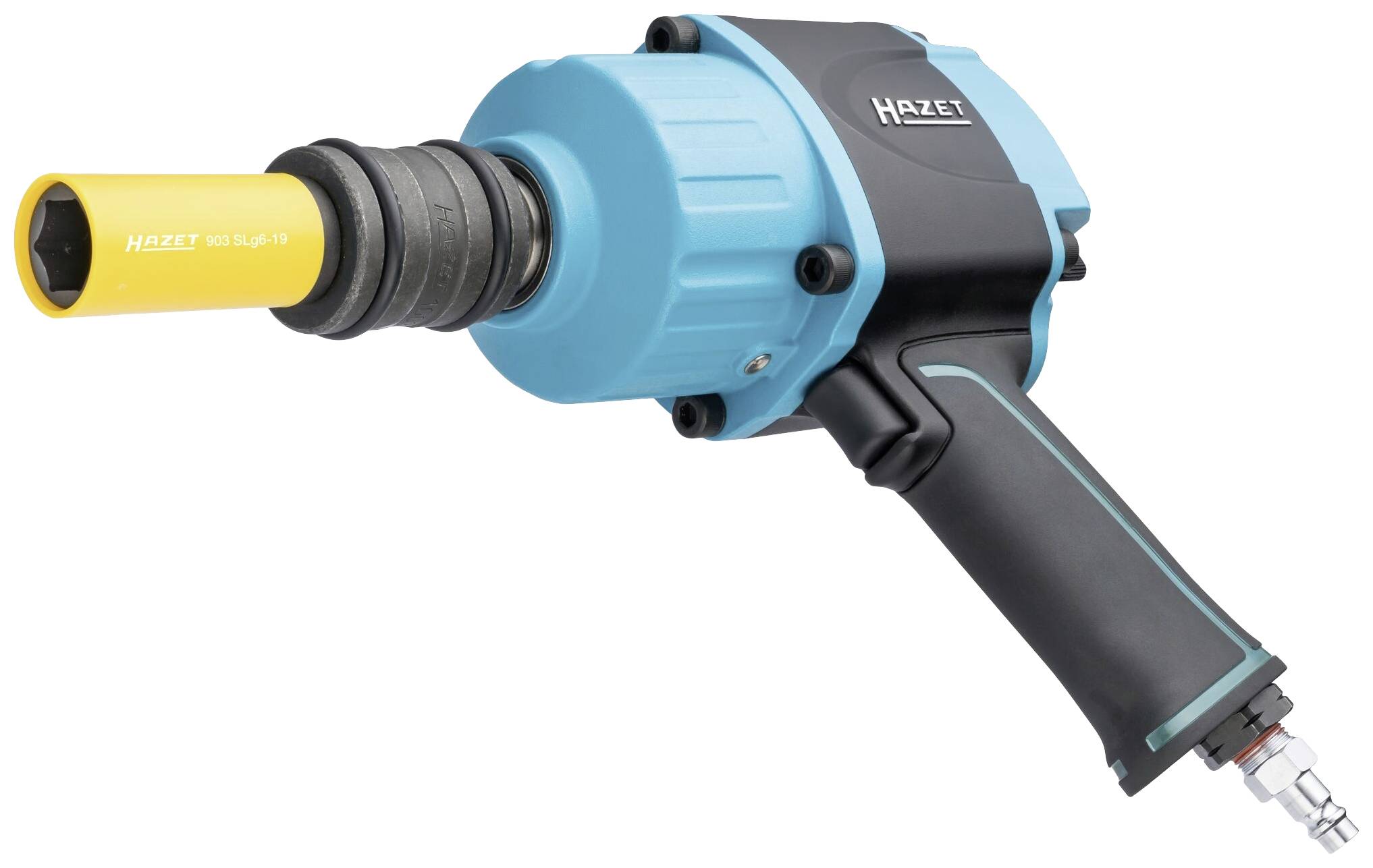 Niebieski i czarny pneumatyczny klucz udarowy z żółtym końcówką do nasadzania kluczy, używany do odkręcania i dokręcania śrub.