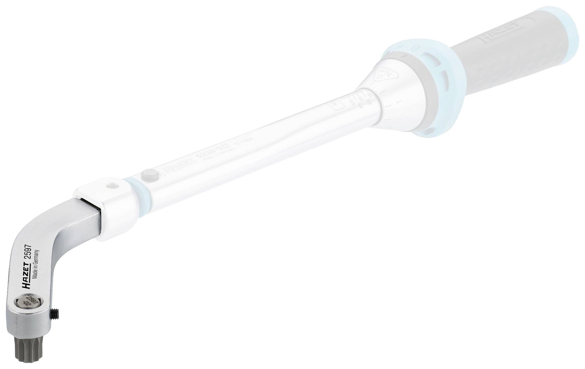 Regulowany klucz dynamometryczny wykonany z metalu i tworzywa sztucznego z charakterystycznym uchwytem. Narzędzie do precyzyjnego ustawiania momentu dokręcania.