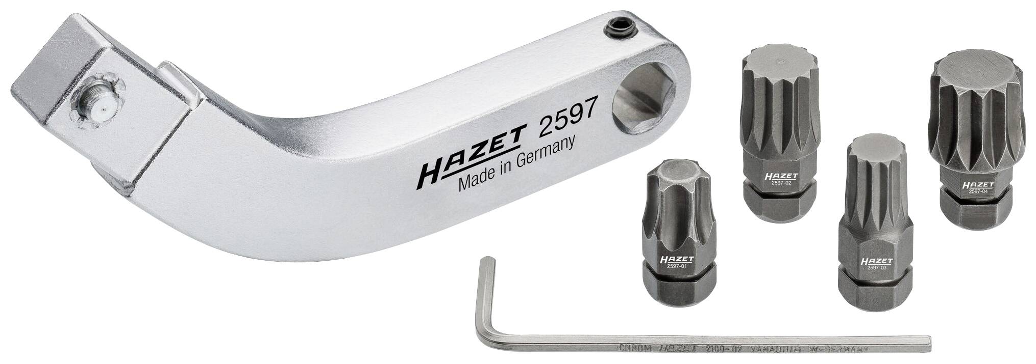 Zestaw narzędzi składający się z dźwigni z napisem 'HAZET 2597 Made in Germany', czterech nasadek i klucza imbusowego.