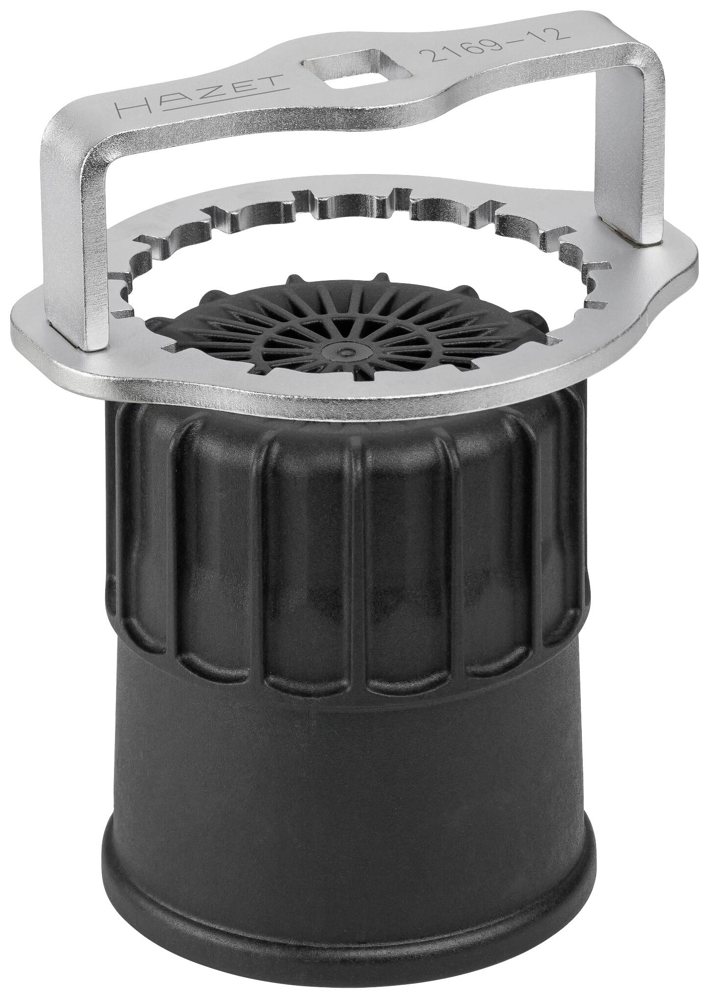 Czarny cylinder z tworzywa sztucznego z metalowym uchwytem na górze, oznaczony napisem 'HAZET 2169-12'.