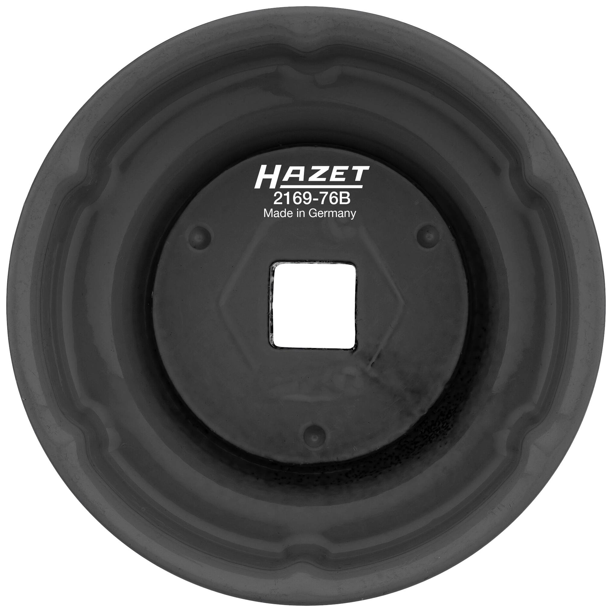 Czarna, okrągła pokrywa klucza do filtra oleju Hazet, model 2169-76B, z napisem 'Made in Germany'.