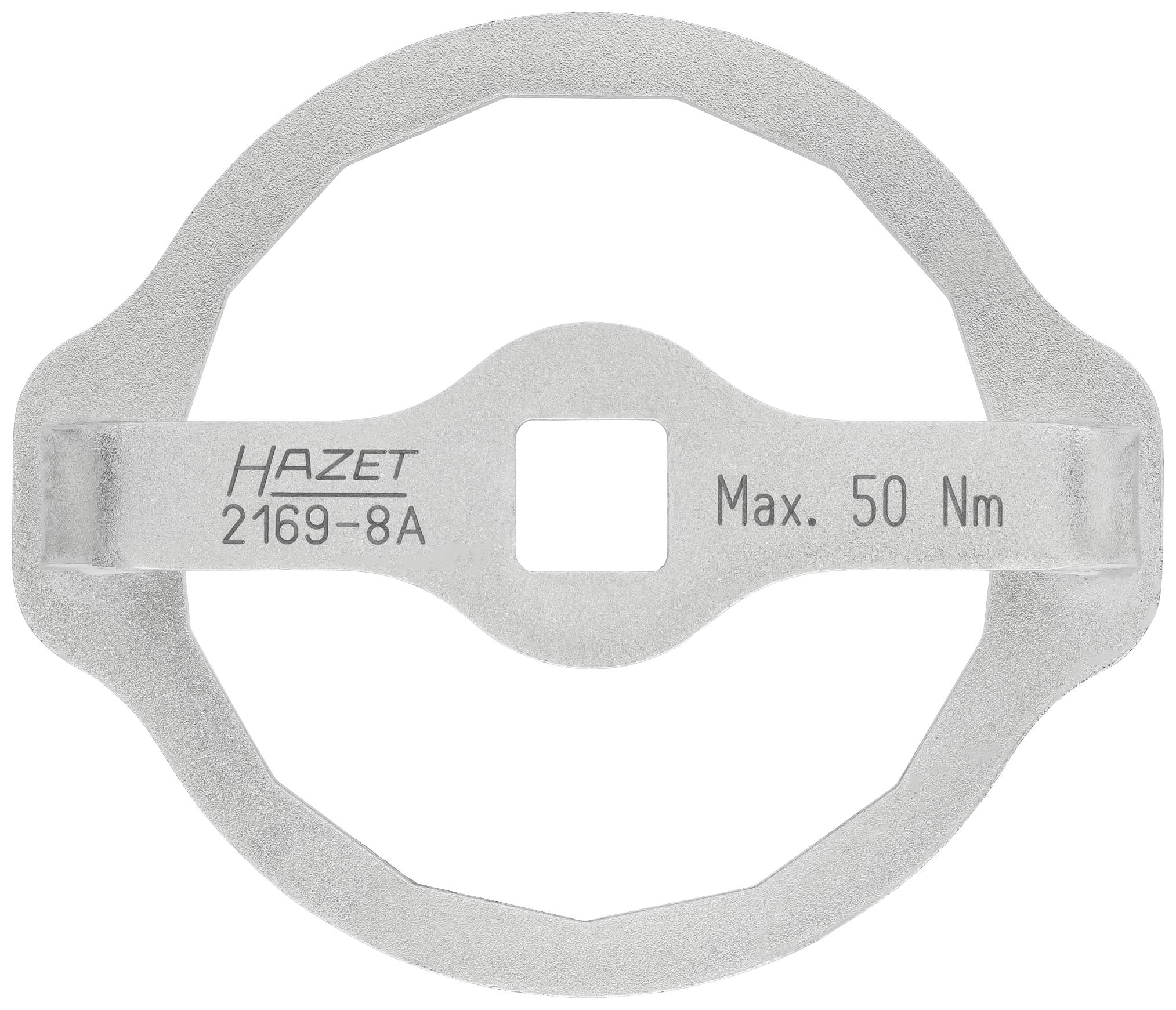 Srebrny adapter narzędziowy Hazet, model 2169-8A, o maksymalnym momencie obrotowym 50 Nm, przeznaczony do regulacji naprężeń.