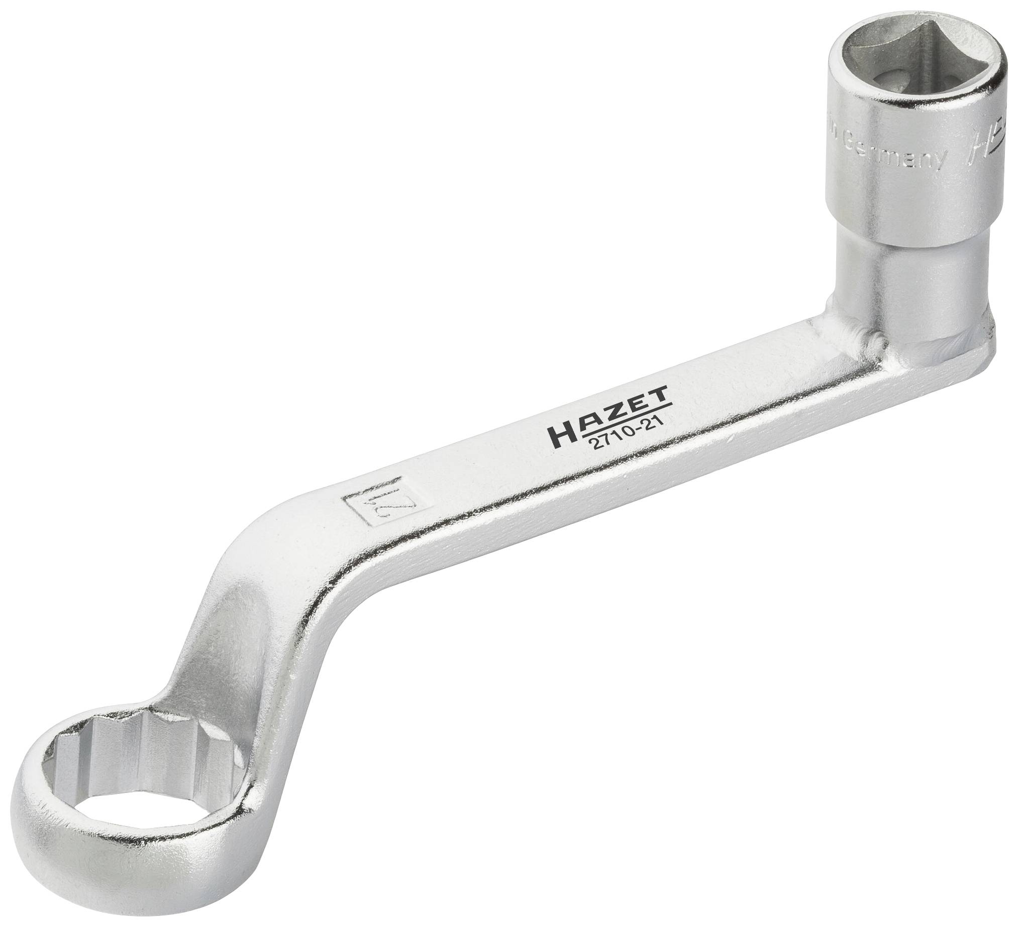 Srebrny klucz dwustronny marki Hazet z dwoma sześciokątnymi końcówkami o różnych rozmiarach, przeznaczony do śrub i nakrętek.