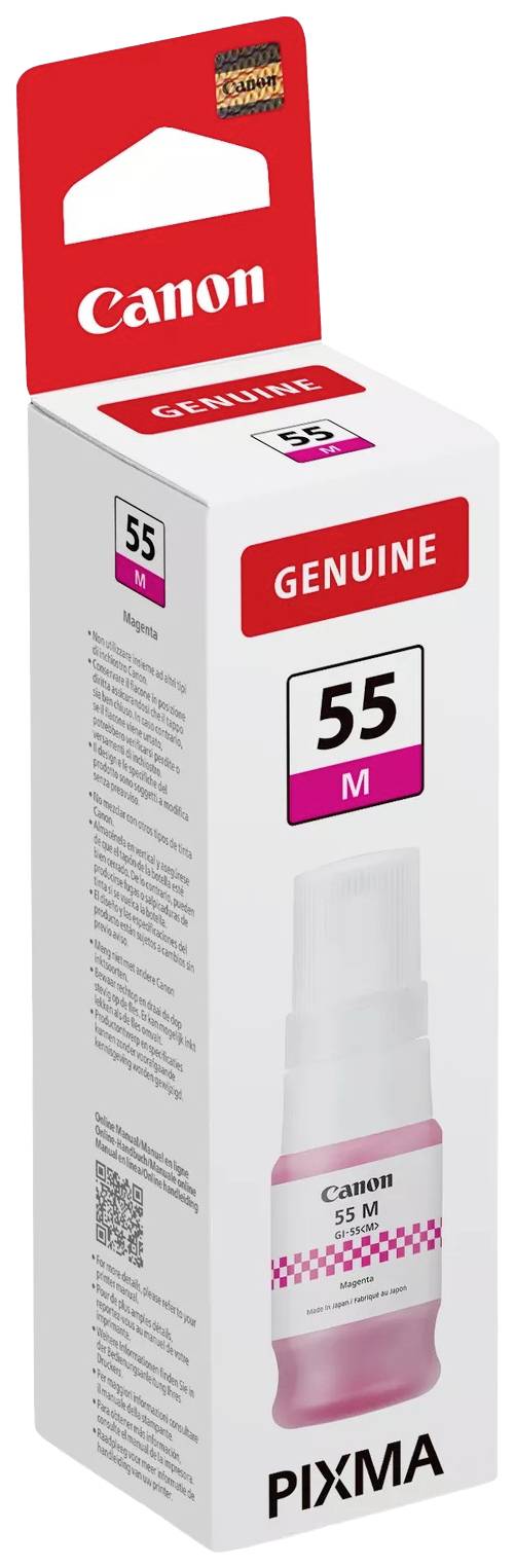 Tusz Canon PIXMA w kolorze magenta, model 55 M, w opakowaniu. Produkt oryginalny z czerwono-białym designem.