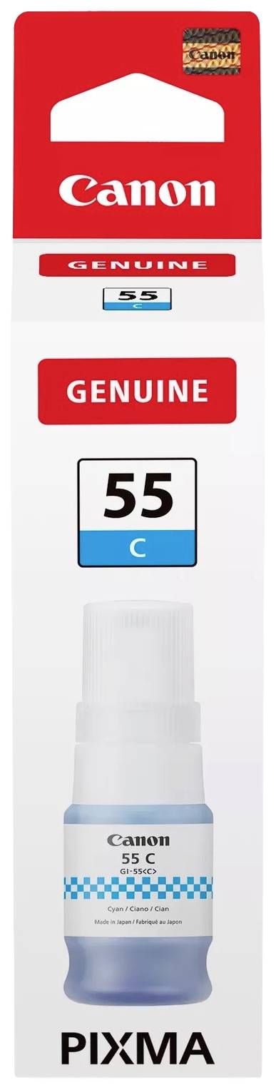 Oryginalna butelka z tuszem Canon PIXMA Model 55 C, Cyan, zapakowana w czerwono-białe opakowanie z niebieską etykietą.
