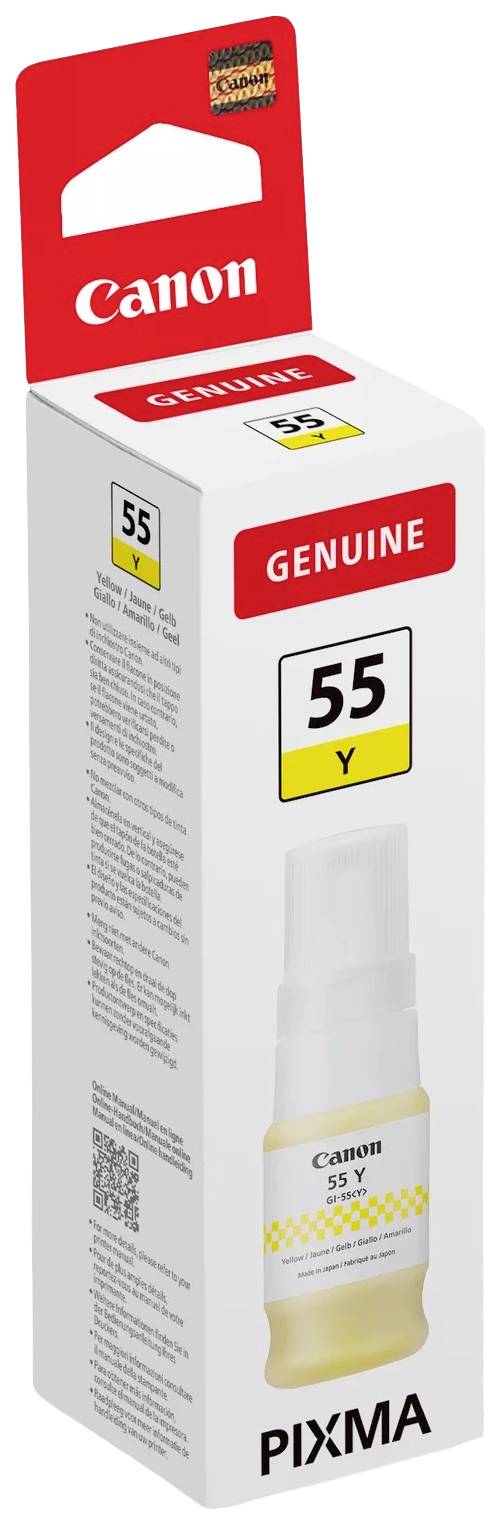 Oryginalni tusz Canon 55 Y w kolorze żółtym, przeznaczony do drukarek PIXMA. Opakowanie prezentuje logo Canon oraz słowo 'ORYGINALNE'.
