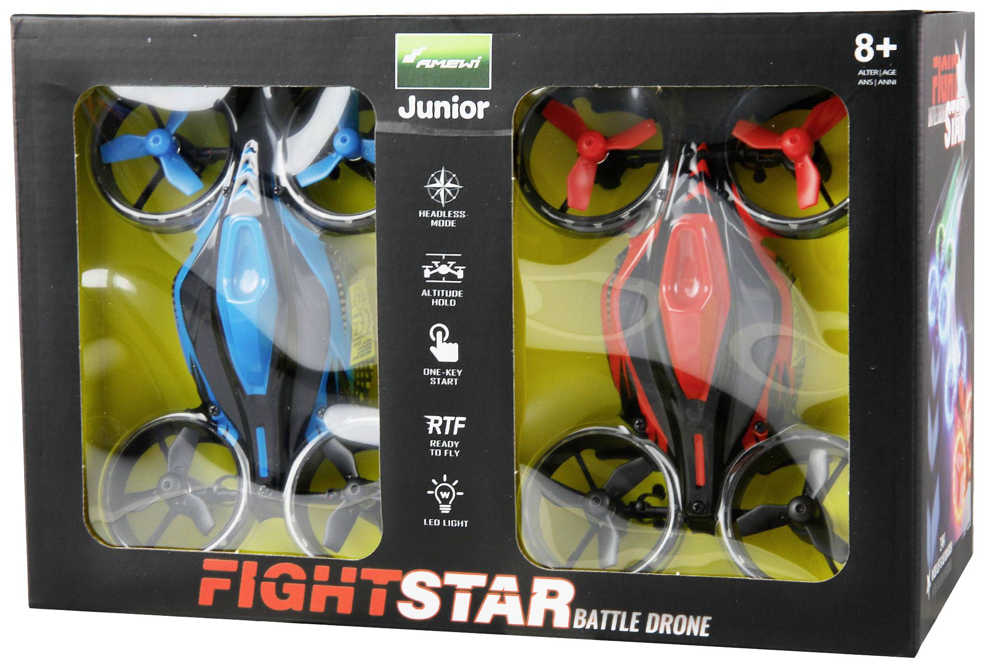 Dwie drony w kartonie, jedna niebieska, jedna czerwona. Tekst na opakowaniu: Fightstar Battle Drone. Od 8 lat. RTG, światło LED.