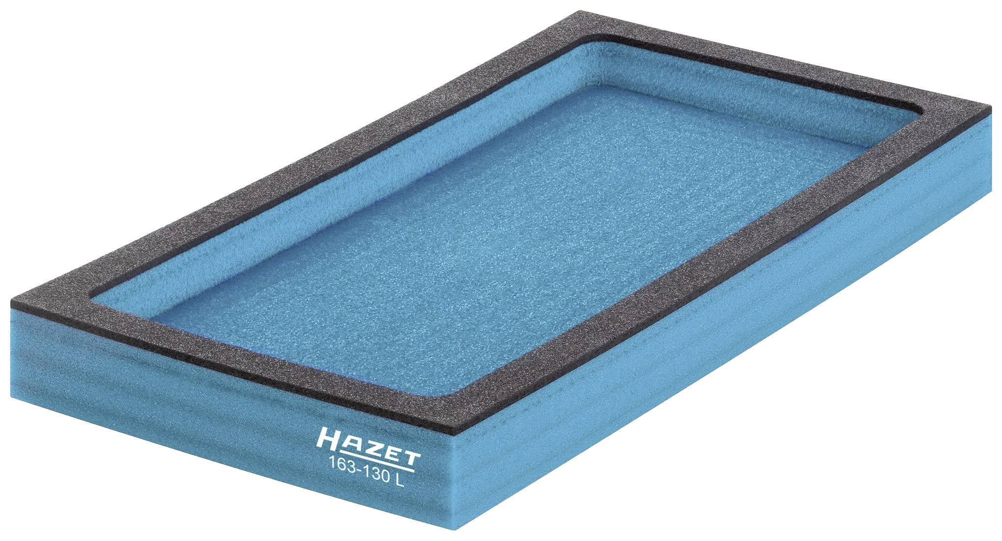 Prostokątna, niebieska wkładka piankowa z czarną obwódką firmy HAZET, numer modelu 163-130 L. Odpowiednia do przechowywania narzędzi.