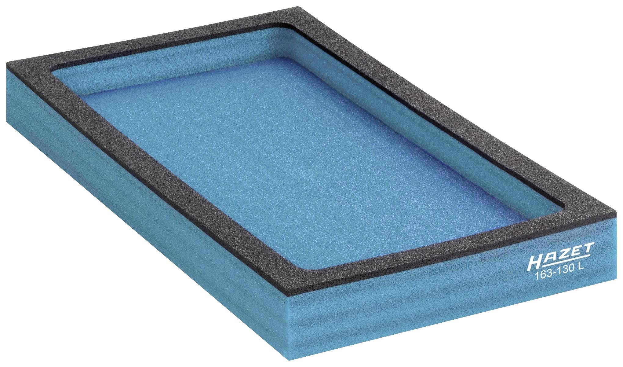 Prostokątna niebieska wkładka piankowa z czarną obwódką, marka 'Hazet 163-130 L', do przechowywania narzędzi.