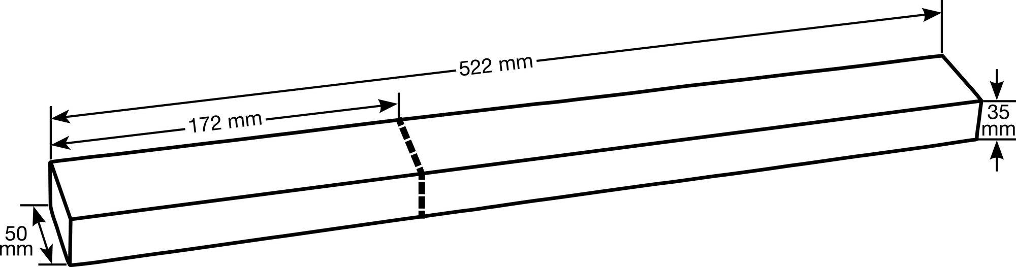 Rysunek techniczny długiego, skośnie pochylonego prostopadłościanu. Wymiary: 522 mm długości, 50 mm szerokości, 35 mm wysokości; długość segmentu: 172 mm.