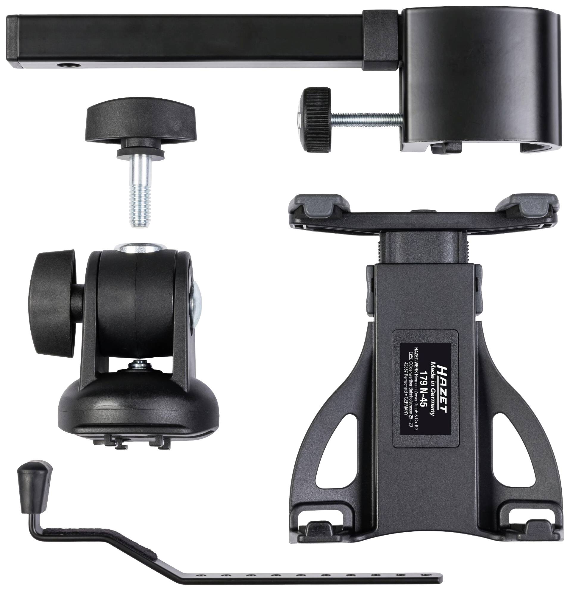 Obraz wielofunkcyjnego uchwytu z ramionami przegubowymi i śrubami, odpowiedniego do zamocowania na stole warsztatowym lub powierzchni roboczej, przeznaczonego do elastycznego mocowania urządzeń.