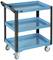 Trzypiętrowy niebieski wózek narzędziowy na kółkach, przeznaczony do transportu narzędzi w warsztatach lub garażach.